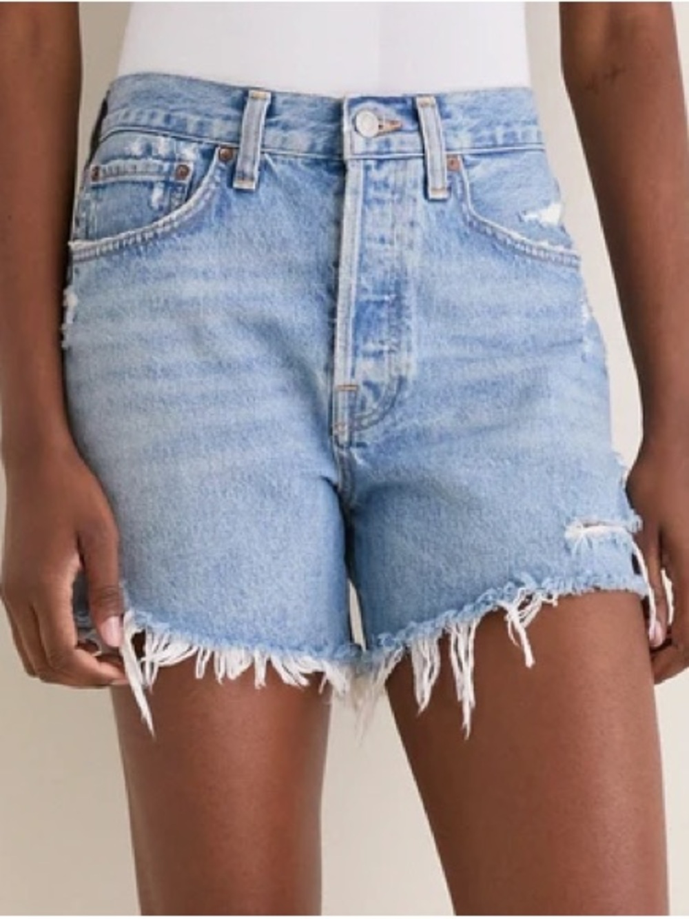 Agolde Parker Longer Shorts Size 24 Medium Wash‎ Distressed Frayed-Hem Shorts